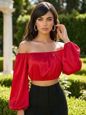 Off-Shoulder Red Satin Crop Top